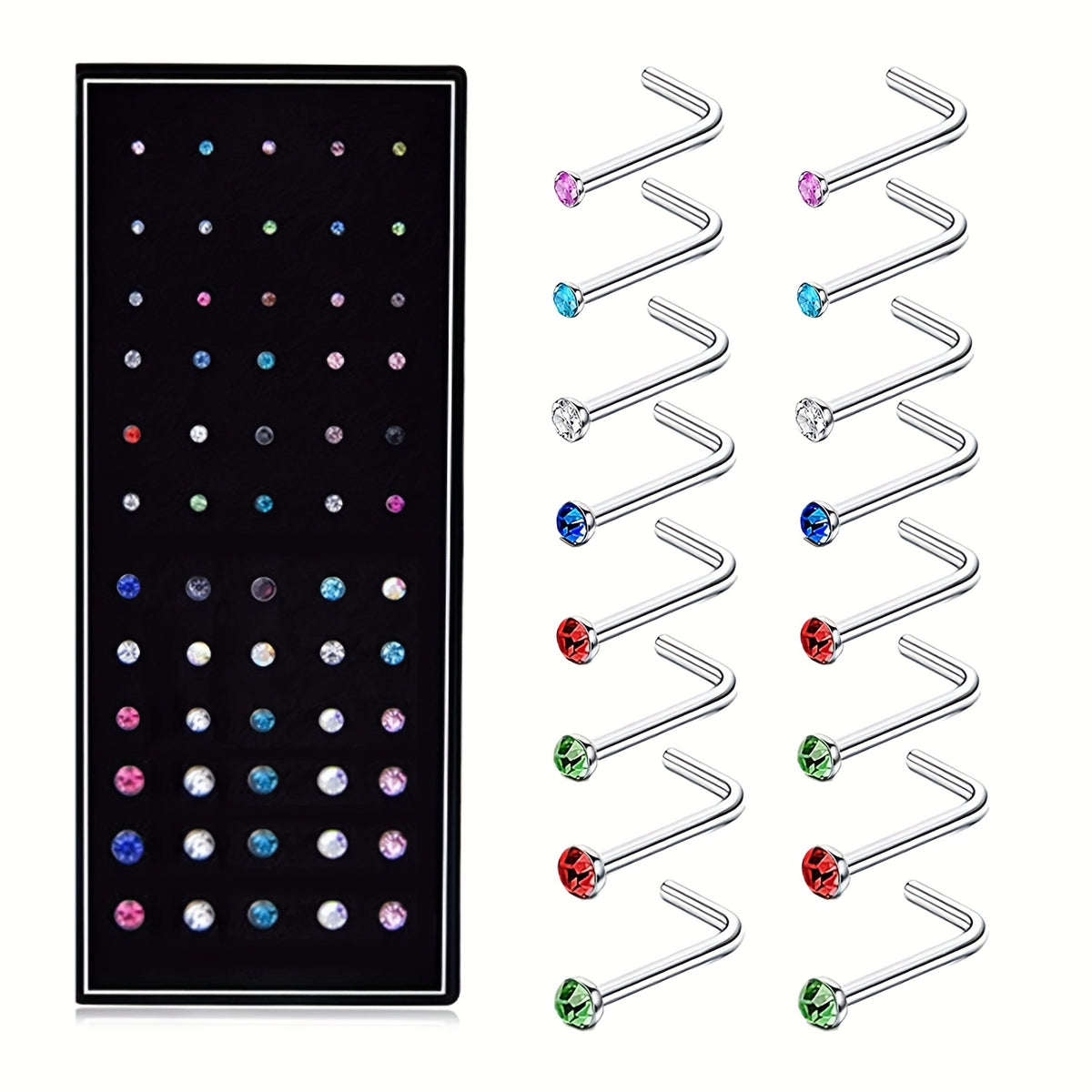 Body Jewelry - Nose Rings Set 60Pcs Stainless Steel L-Shaped Nose Studs Bone Screw - product detail view 22