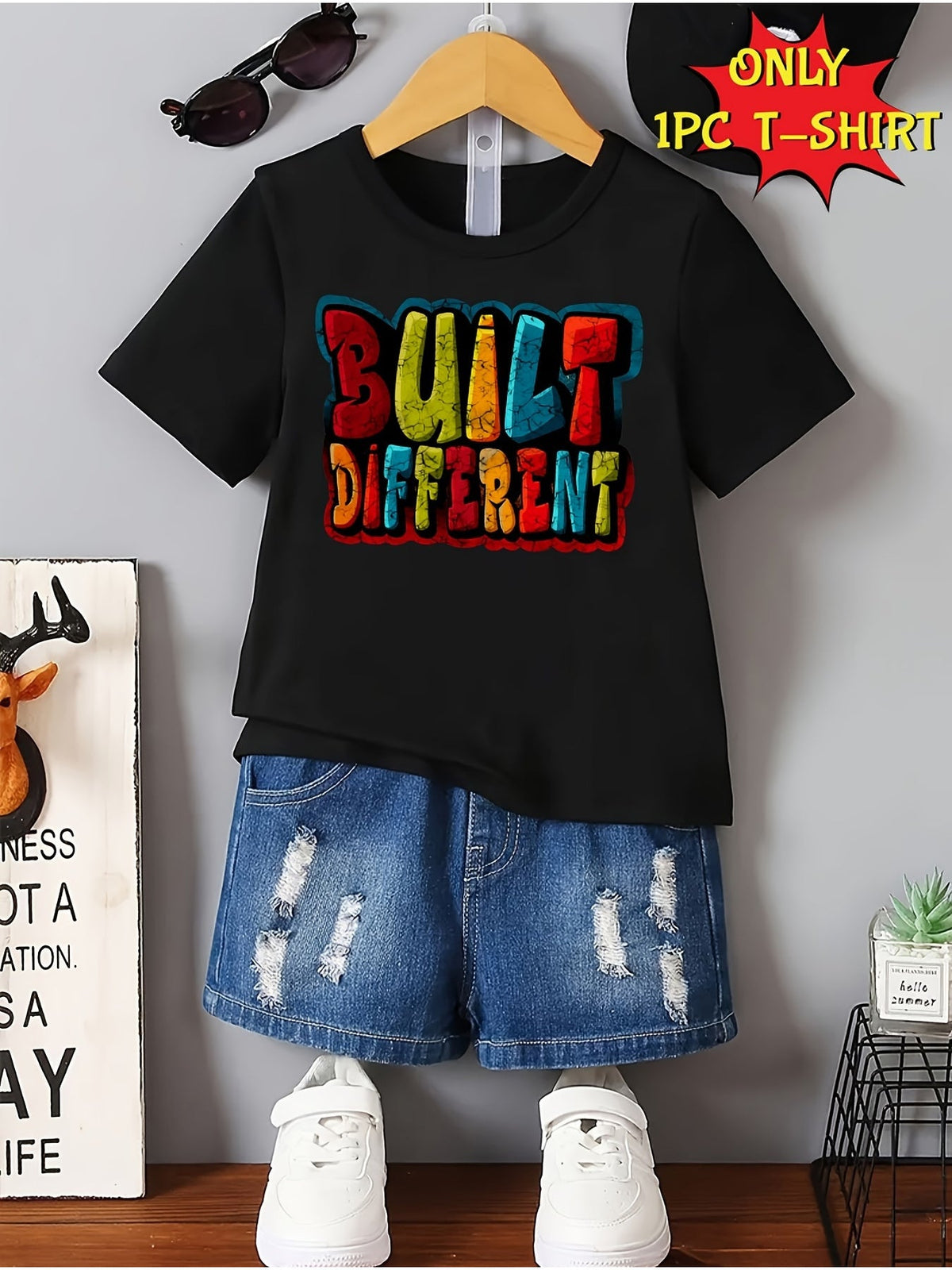 Boys' Built Different T-Shirt - Creative Graphic – Black option – main product image