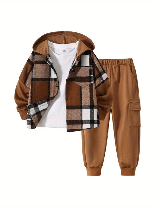Boys' Plaid Outfit Set - Long Sleeve Winter 8837 – Khaki option – main product image