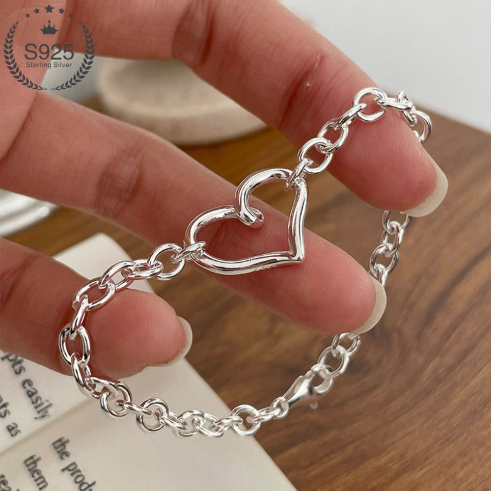 Bracelet for Women - 925 Sterling Silver Hollow Heart Minimalist Hypoallergenic Open Heart - main product view