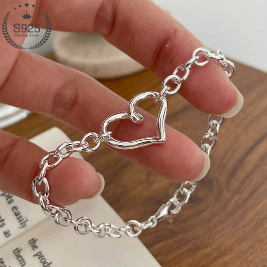 Bracelet for Women - 925 Sterling Silver Hollow Heart Minimalist Hypoallergenic Open Heart - main product view
