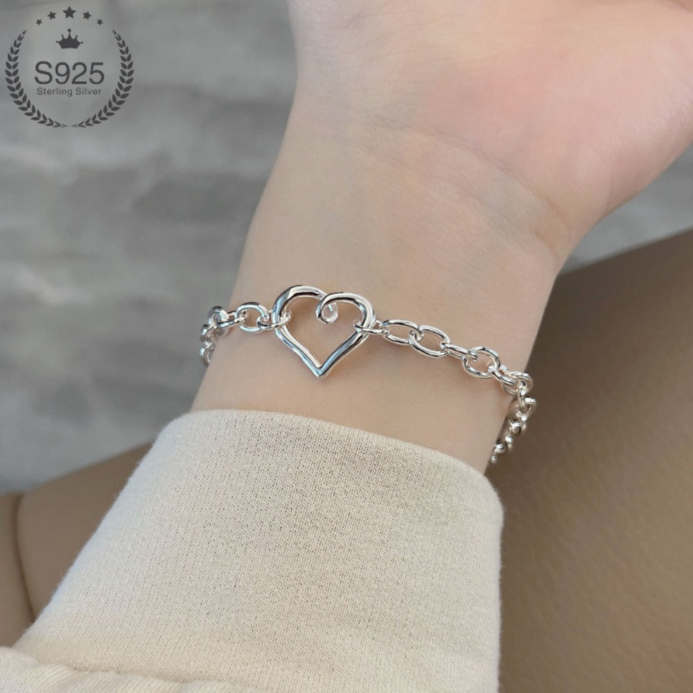 Bracelet for Women - 925 Sterling Silver Hollow Heart Minimalist Hypoallergenic Open Heart - product detail view 2