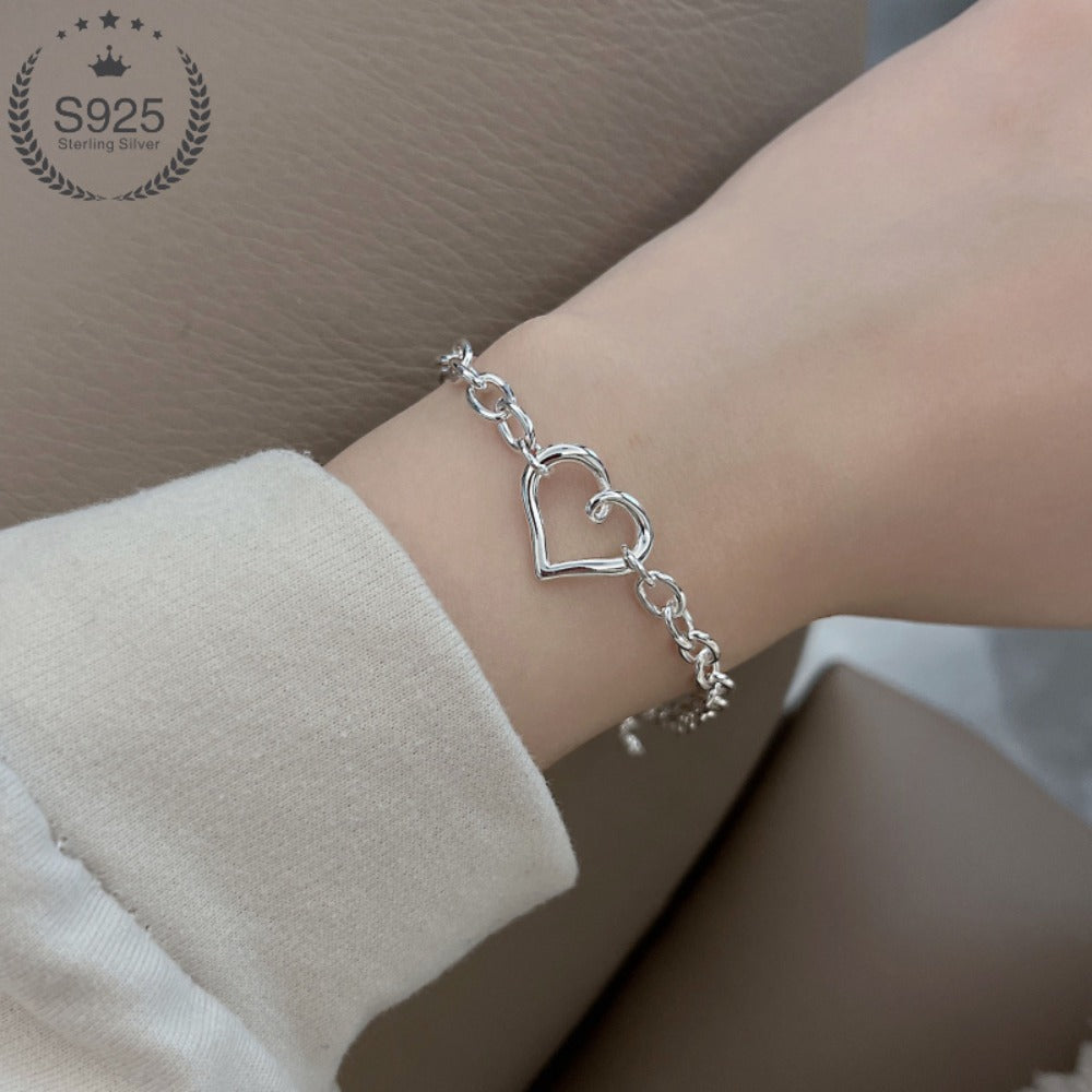 Bracelet for Women - 925 Sterling Silver Hollow Heart Minimalist Hypoallergenic Open Heart - product detail view 4