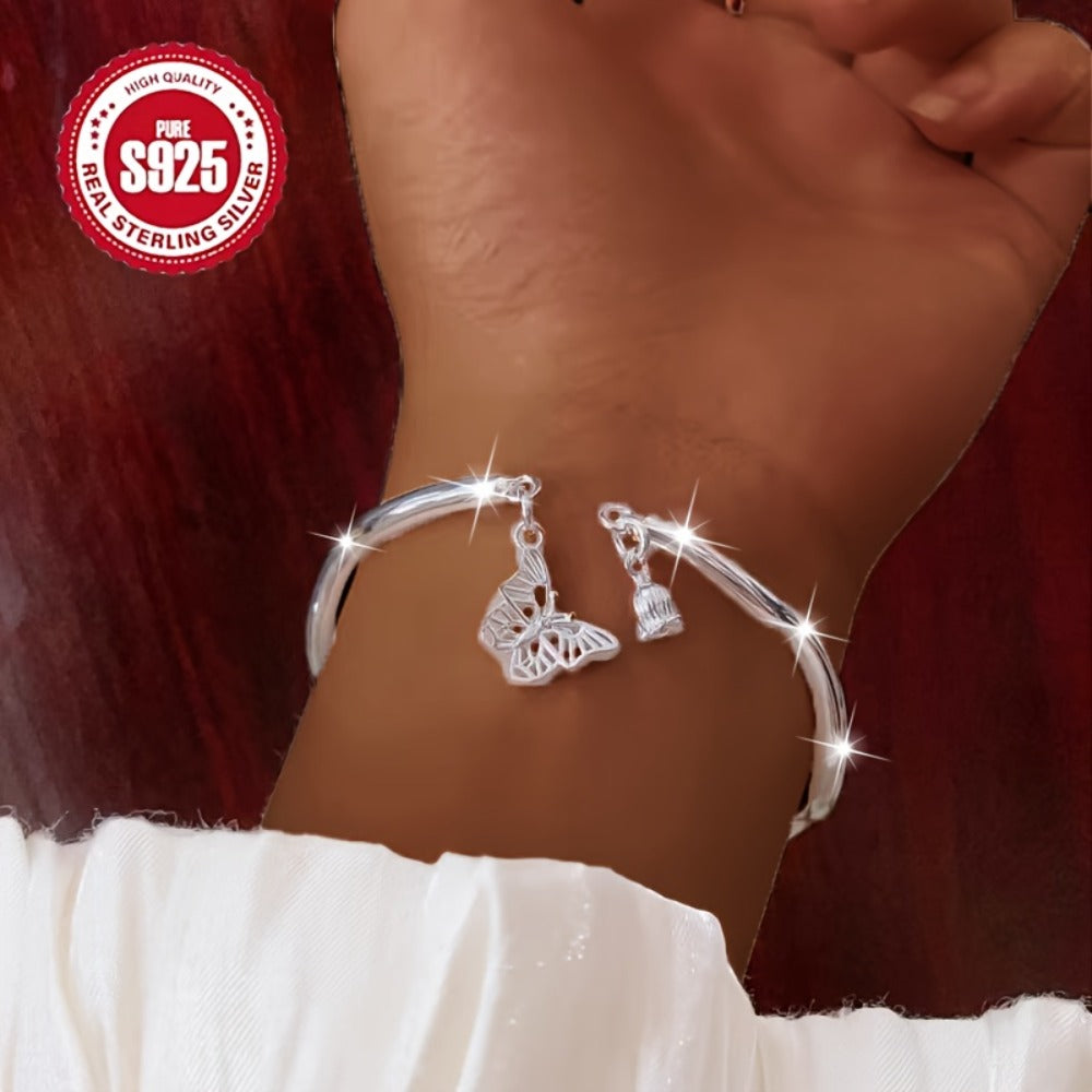 Bracelet for Women - 925 Sterling Silver Lily of the Valley Open Bangle Hypoallergenic Forest - product detail view 2