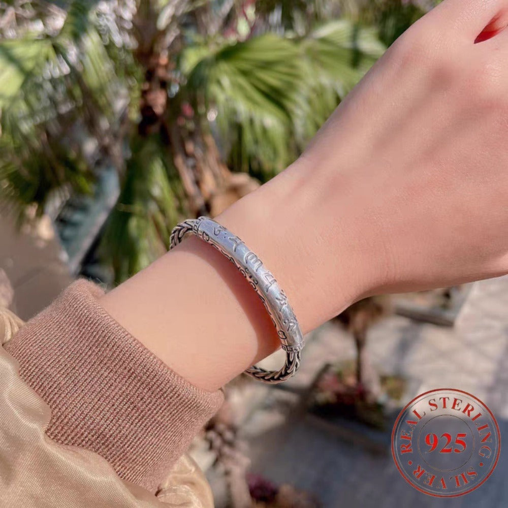 Bracelet for Women - 925 Sterling Silver Motto for Six Character Engraved Retro Minimalist - product detail view 2