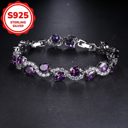 Bracelet for Women - 925 Sterling Silver Purple Crystal Oval Chain Sparkling Luxury Platinum - main product view