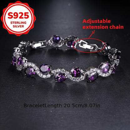 Bracelet for Women - 925 Sterling Silver Purple Crystal Oval Chain Sparkling Luxury Platinum - product detail view 4