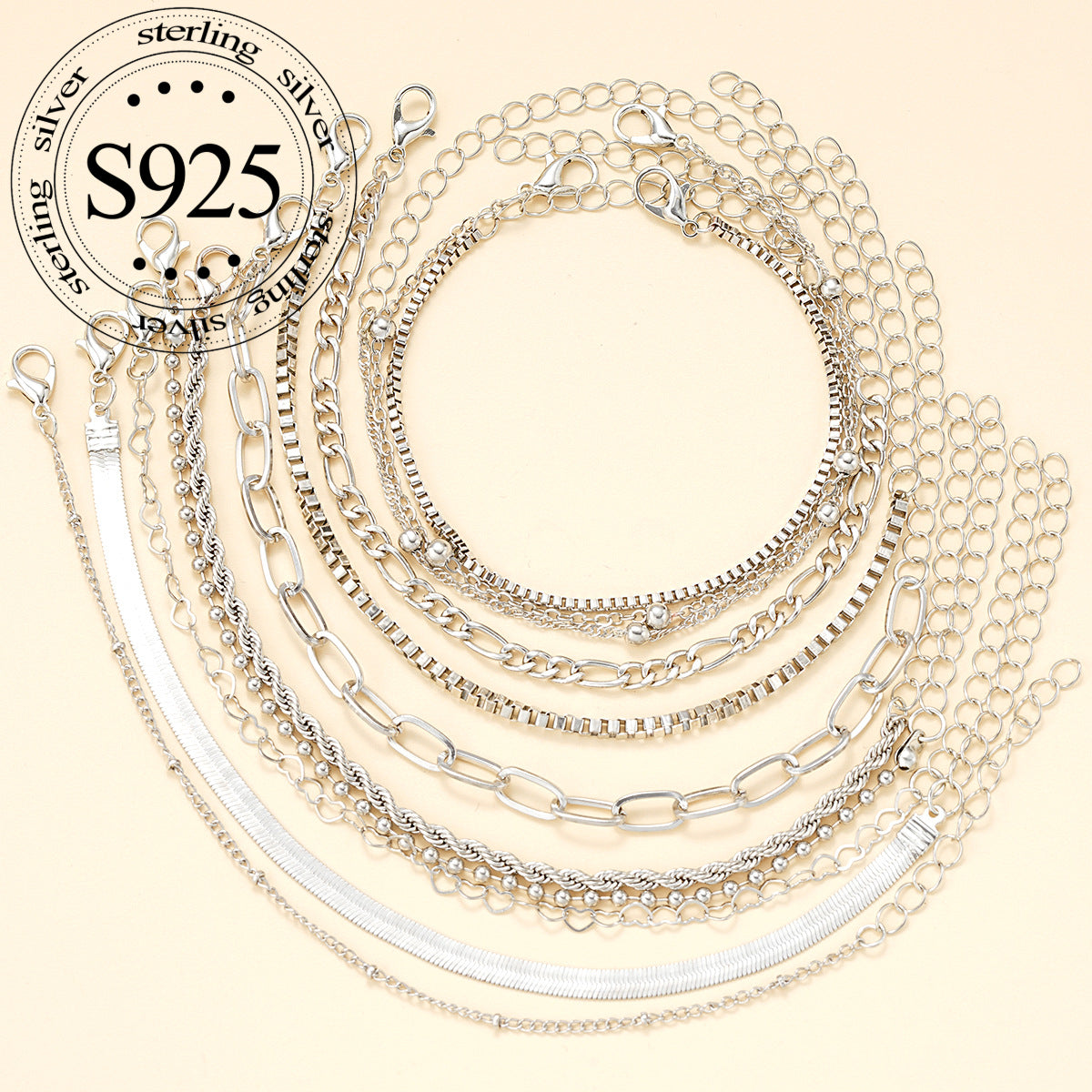 Bracelet for Women - 925 Sterling Silver Set for 11pcs Twisted Snake Chain Bangles, Boho - product detail view 7