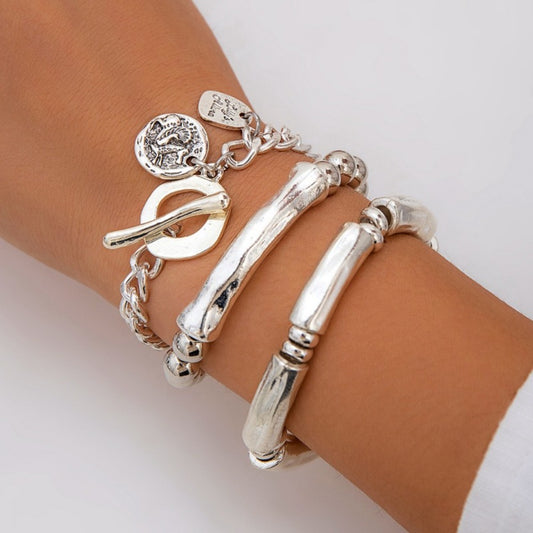 Bracelet for Women - Chunky Bangle Set 3pcs S925 Sterling Silver for - Stackable Hip Hop - main product view