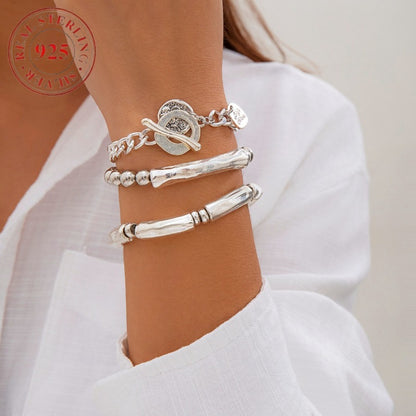 Bracelet for Women - Chunky Bangle Set 3pcs S925 Sterling Silver for - Stackable Hip Hop - product detail view 2