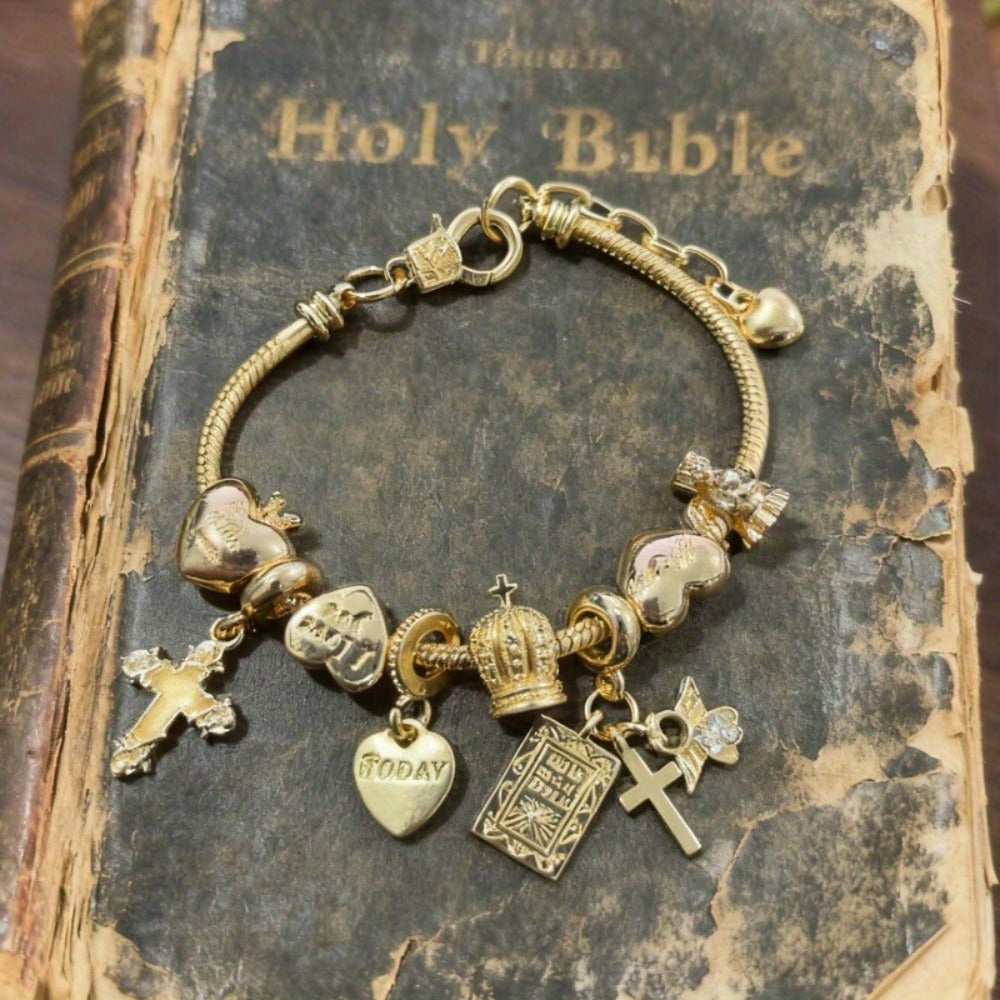 Bracelet for Women - Cross Bible Charm for - Adjustable Religious Jewelry with Angel Crown & - product detail view 5