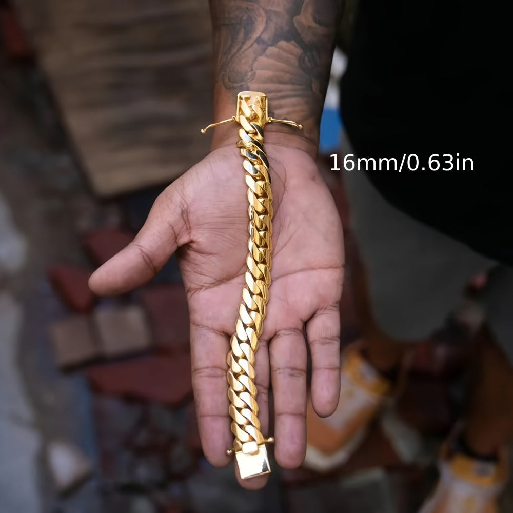 Bracelet for Men - Cuban Chain 18K Gold Plated Stainless Steel Hip Hop 8-20mm Width 7.5 8.5 - product detail view 7