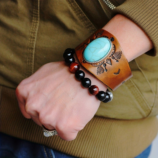 Bracelet for Men - Ethnic Turquoise Totem Leather for Boho Faux Leather Adjustable Wristband - main product view