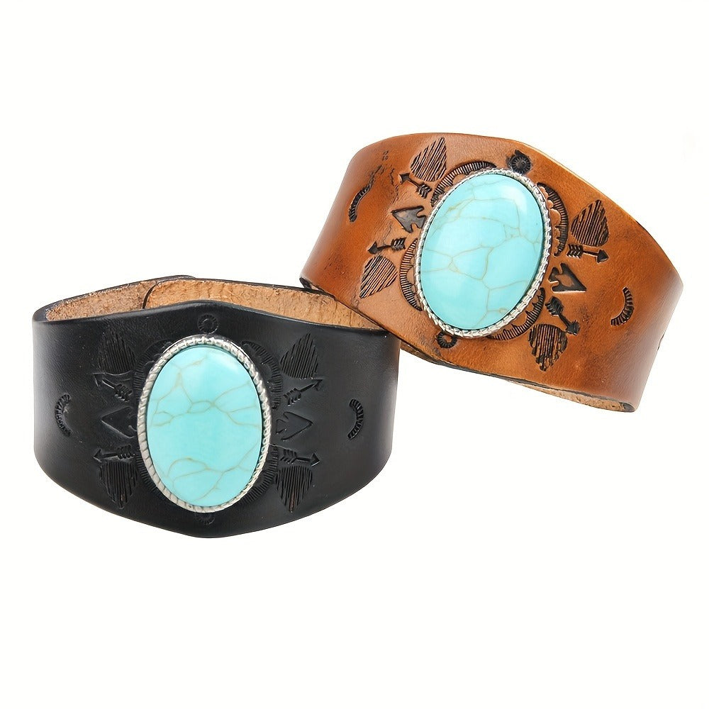 Bracelet for Men - Ethnic Turquoise Totem Leather for Boho Faux Leather Adjustable Wristband - product detail view 4