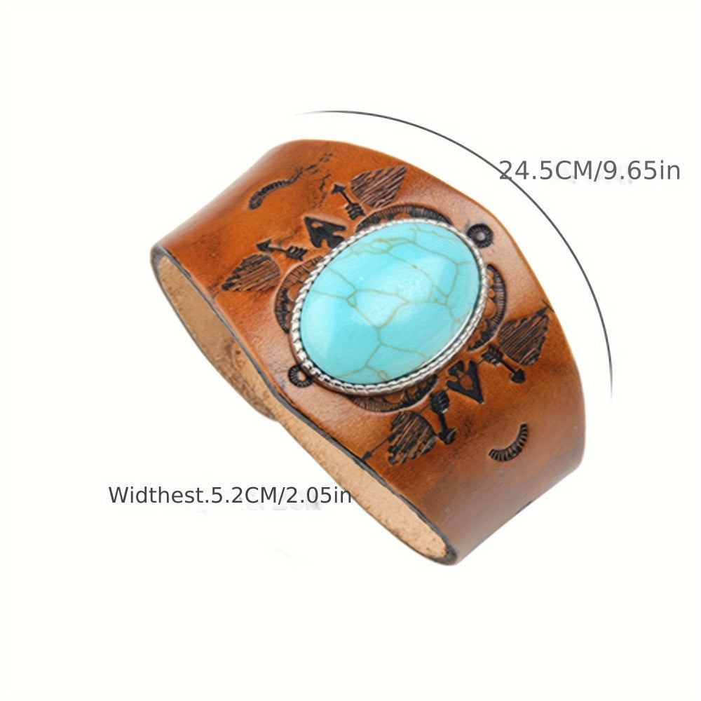 Bracelet for Men - Ethnic Turquoise Totem Leather for Boho Faux Leather Adjustable Wristband - product detail view 6