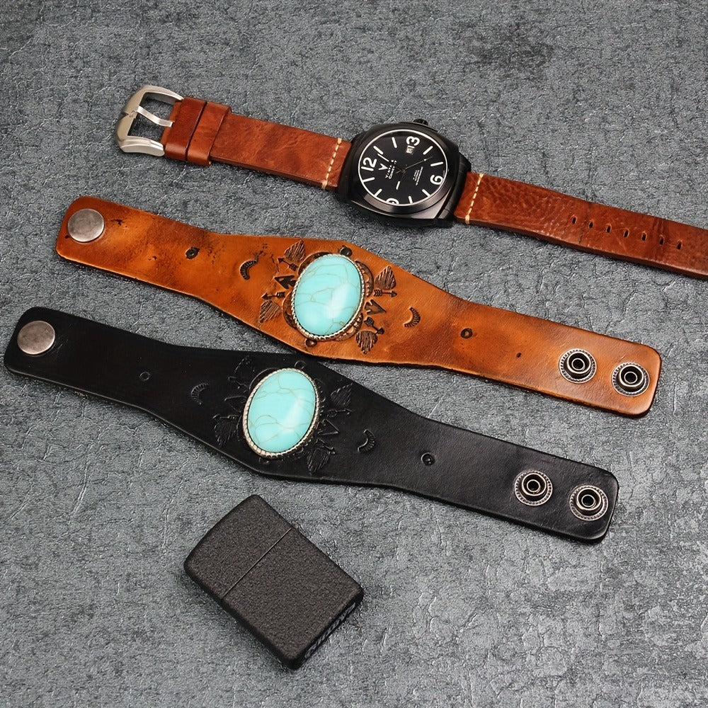 Bracelet for Men - Ethnic Turquoise Totem Leather for Boho Faux Leather Adjustable Wristband - product detail view 7
