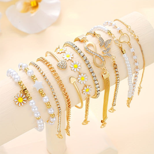 Bracelet for Women - Faux Pearl Set for 12pcs - Daisy Heart Star Butterfly Charm , Boho - main product view