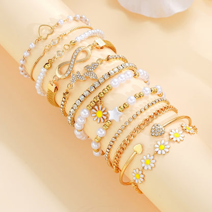 Bracelet for Women - Faux Pearl Set for 12pcs - Daisy Heart Star Butterfly Charm , Boho - product detail view 3
