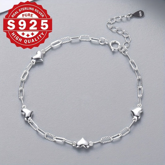 Bracelet for Women - Heart Link Chain 925 Sterling Silver 3D Heart Figaro Clasp Hypoallergenic - main product view