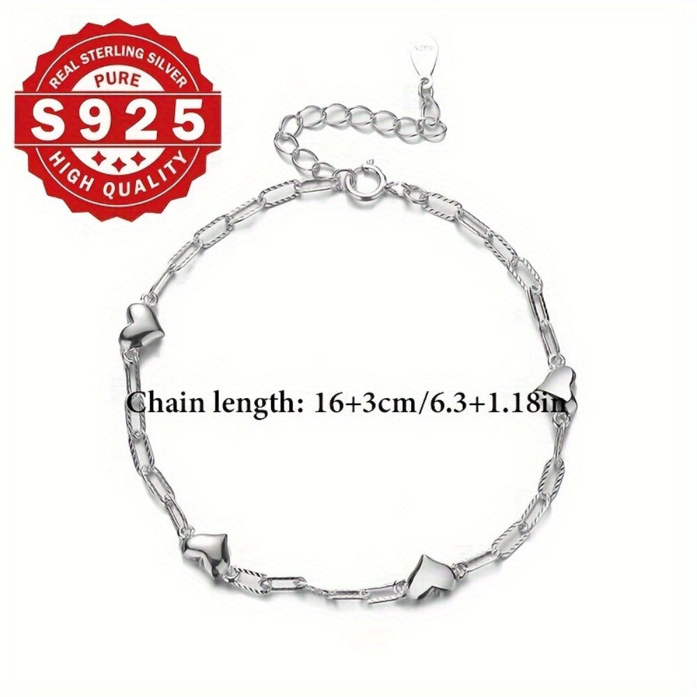 Bracelet for Women - Heart Link Chain 925 Sterling Silver 3D Heart Figaro Clasp Hypoallergenic - product detail view 7