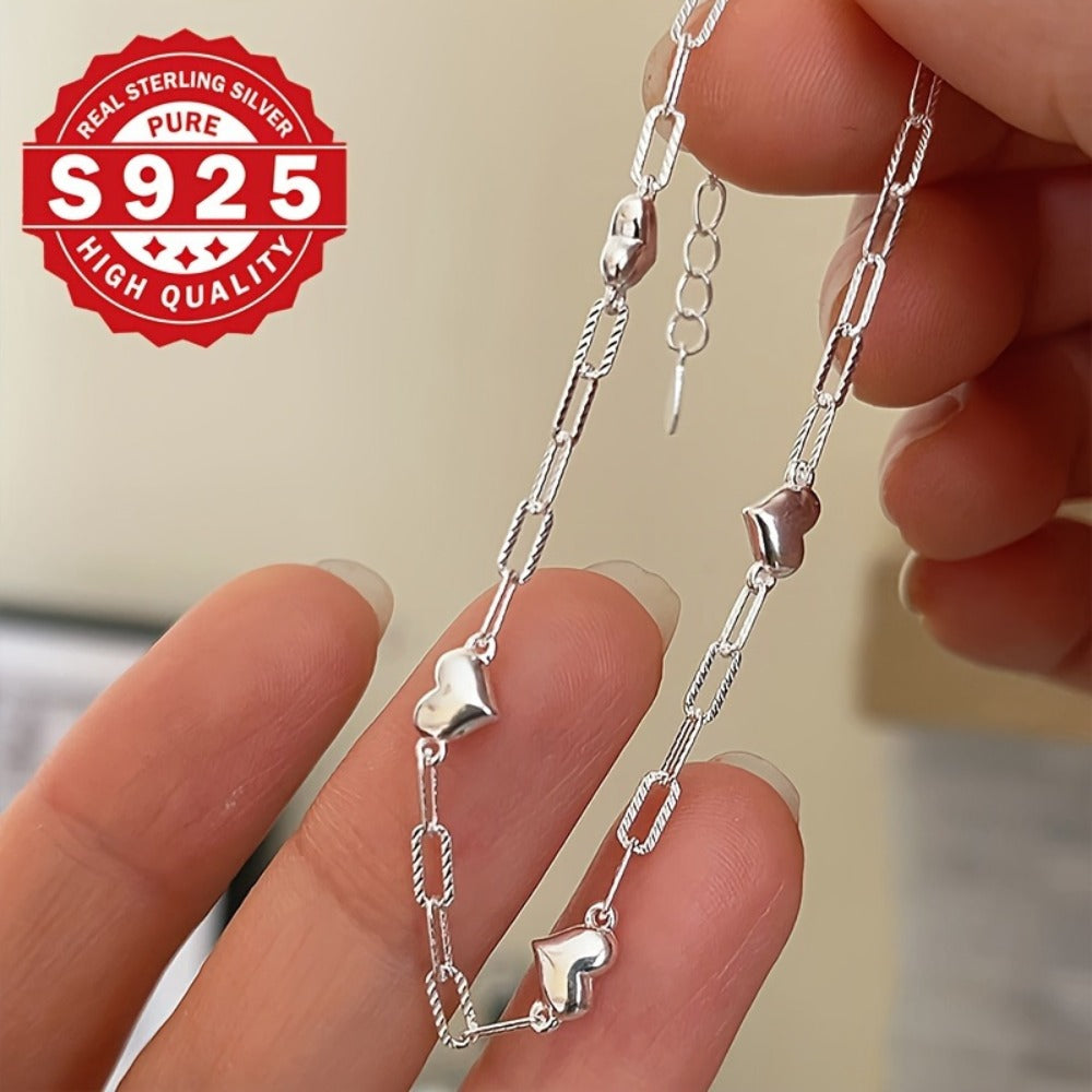 Bracelet for Women - Heart Link Chain 925 Sterling Silver 3D Heart Figaro Clasp Hypoallergenic - product detail view 11