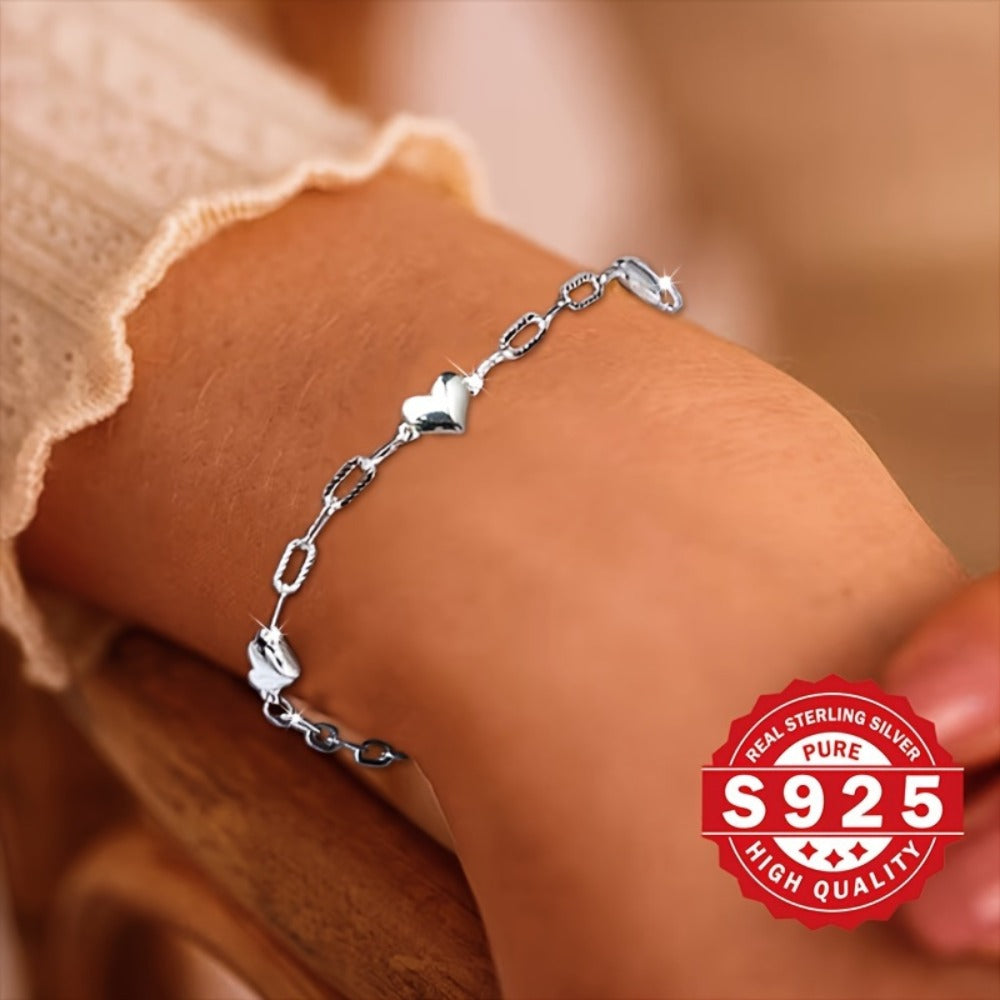 Bracelet for Women - Heart Link Chain 925 Sterling Silver 3D Heart Figaro Clasp Hypoallergenic - product detail view 12