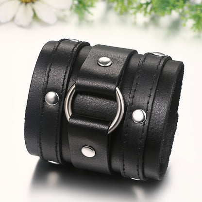 Bracelet - Leather Cuff Men Wide Faux Leather Wristband Punk Rocker Biker Gothic - product detail view 4