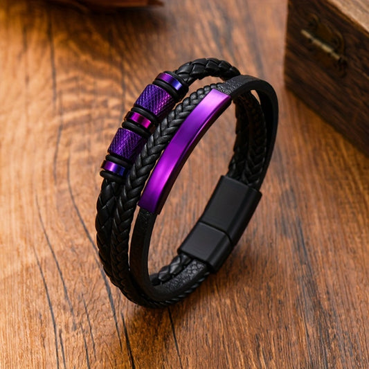 Bracelet for Men - Leather Purple Woven PU Leather Magnetic Buckle Titanium Steel Unisex - main product view
