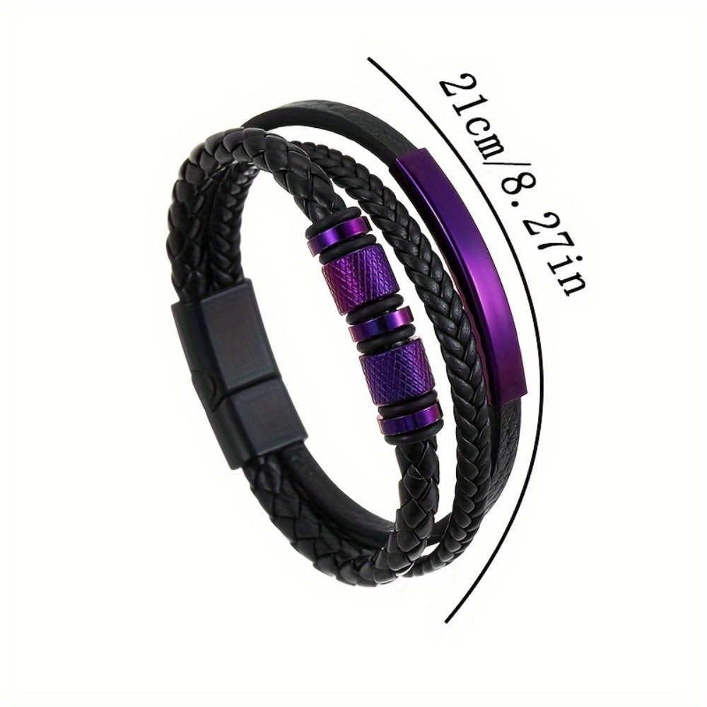 Bracelet for Men - Leather Purple Woven PU Leather Magnetic Buckle Titanium Steel Unisex - product detail view 2