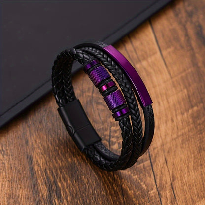 Bracelet for Men - Leather Purple Woven PU Leather Magnetic Buckle Titanium Steel Unisex - product detail view 3