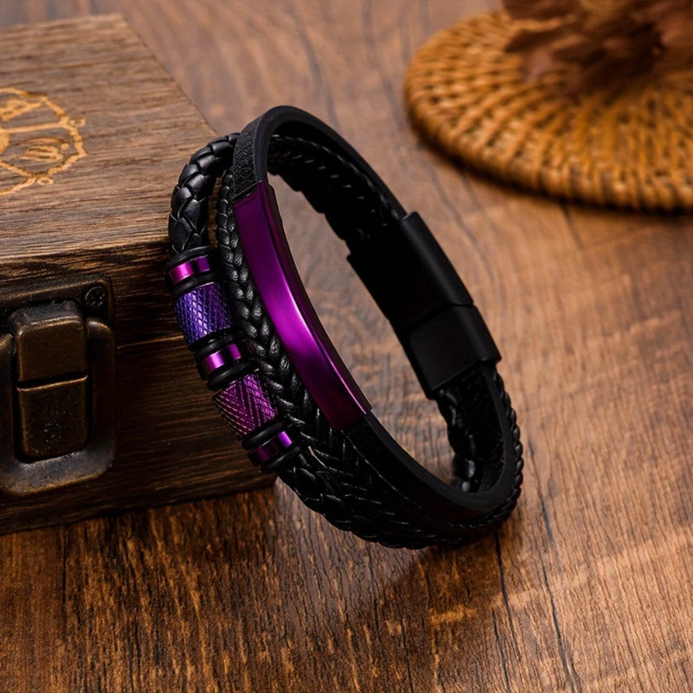 Bracelet for Men - Leather Purple Woven PU Leather Magnetic Buckle Titanium Steel Unisex - product detail view 4