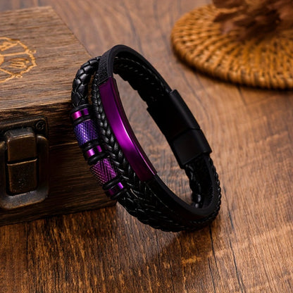 Bracelet for Men - Leather Purple Woven PU Leather Magnetic Buckle Titanium Steel Unisex - product detail view 4