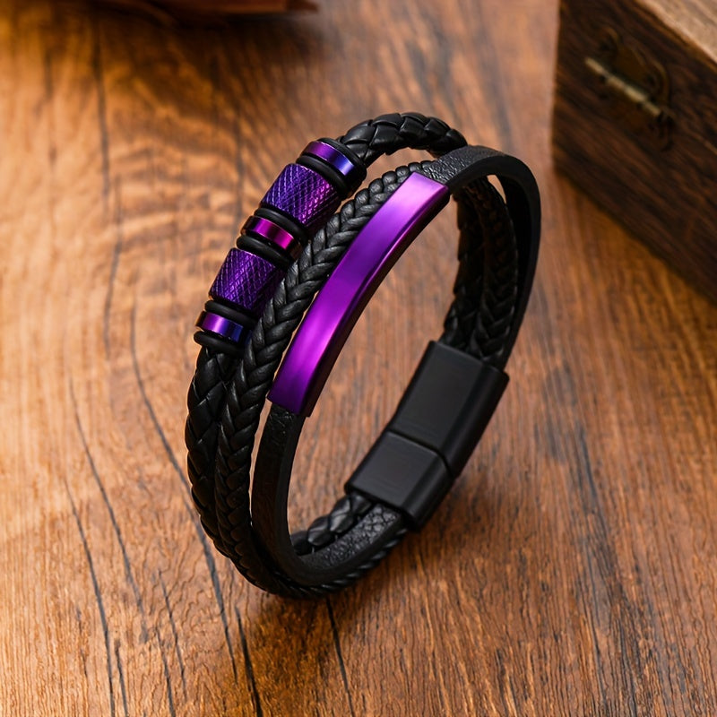 Bracelet for Men - Leather Purple Woven PU Leather Magnetic Buckle Titanium Steel Unisex - product detail view 6
