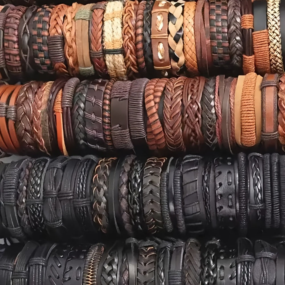 Bracelet for Men - PU Leather Set for 20pcs - Retro Vintage Street Style Mixed Designs - product detail view 2