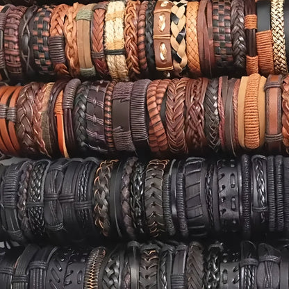 Bracelet for Men - PU Leather Set for 20pcs - Retro Vintage Street Style Mixed Designs - product detail view 2