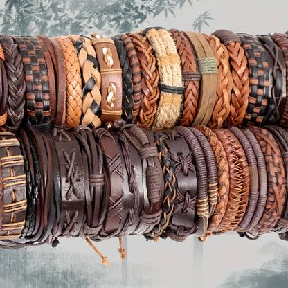 Bracelet for Men - PU Leather Set for 20pcs - Retro Vintage Street Style Mixed Designs - product detail view 3
