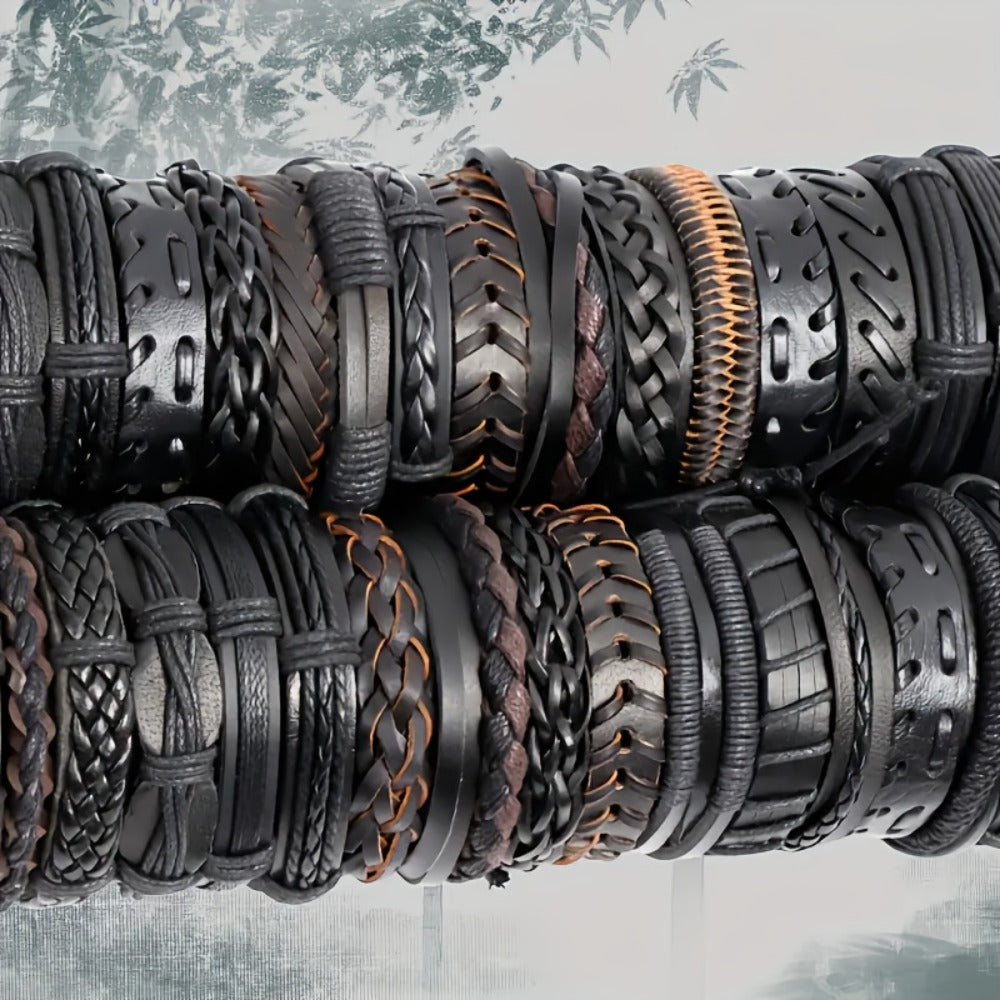 Bracelet for Men - PU Leather Set for 20pcs - Retro Vintage Street Style Mixed Designs - product detail view 4