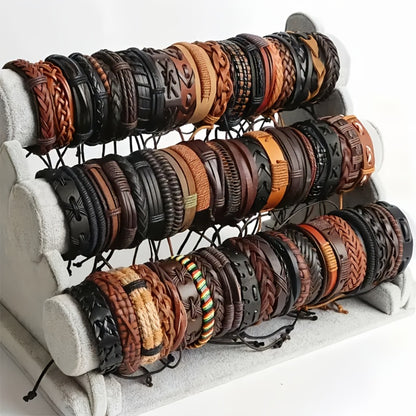 Bracelet for Men - PU Leather Set for 20pcs - Retro Vintage Street Style Mixed Designs - product detail view 5