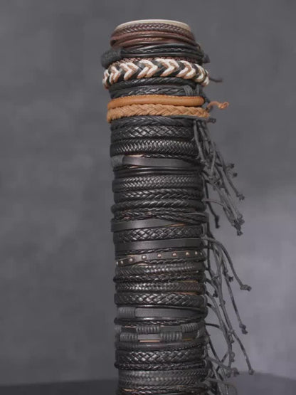 Bracelet for Men - PU Leather Set for 20pcs - Retro Vintage Street Style Mixed Designs - product detail view 7