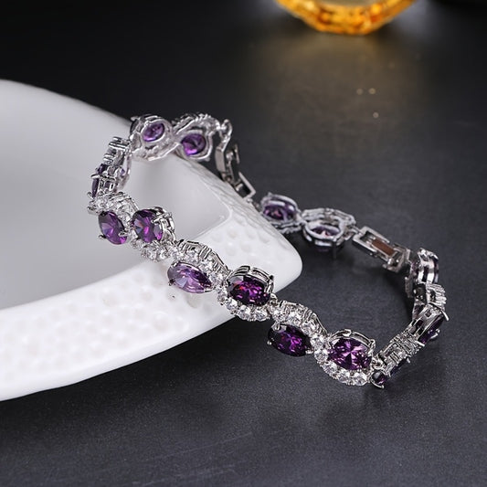 Bracelet for Women - Purple Zirconia Oval Link Silver Plated Copper CZ Chain for , Luxury - main product view