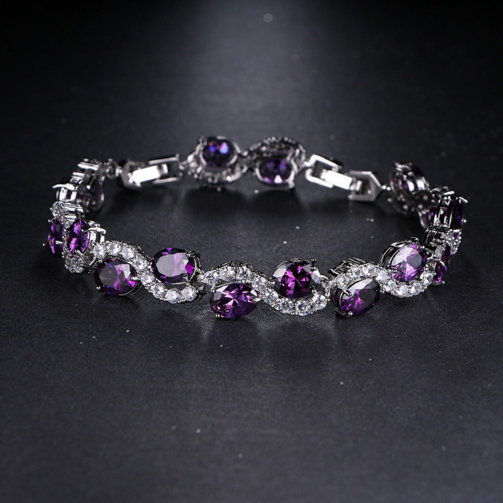 Bracelet for Women - Purple Zirconia Oval Link Silver Plated Copper CZ Chain for , Luxury - product detail view 3