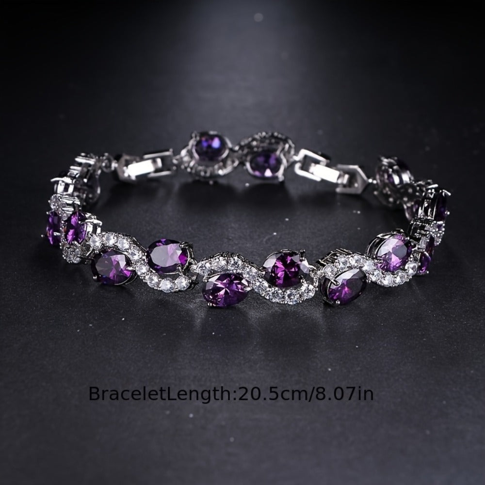Bracelet for Women - Purple Zirconia Oval Link Silver Plated Copper CZ Chain for , Luxury - product detail view 5