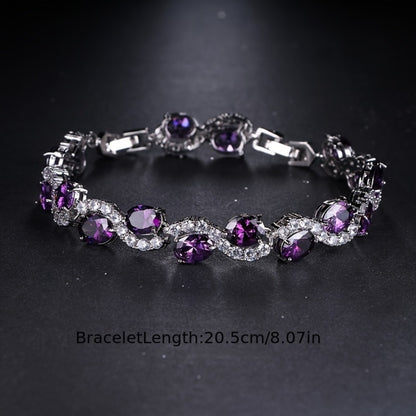 Bracelet for Women - Purple Zirconia Oval Link Silver Plated Copper CZ Chain for , Luxury - product detail view 5