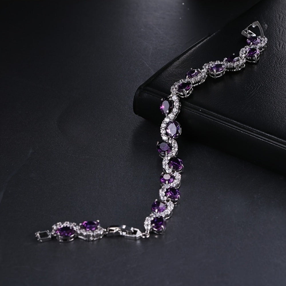 Bracelet for Women - Purple Zirconia Oval Link Silver Plated Copper CZ Chain for , Luxury - product detail view 10