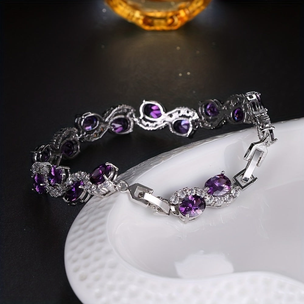 Bracelet for Women - Purple Zirconia Oval Link Silver Plated Copper CZ Chain for , Luxury - product detail view 11