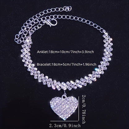 Bracelet for Women - Rhinestone Heart Anklet and Set for , Glitter Crystal Heart Love Jewelry - product detail view 2