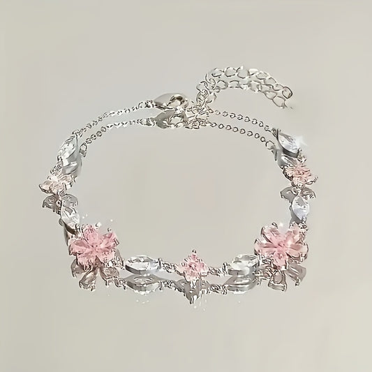 Bracelet for Women - S925 Sterling Silver Cherry Blossom for Pink Zirconia Petal Adjustable - main product view