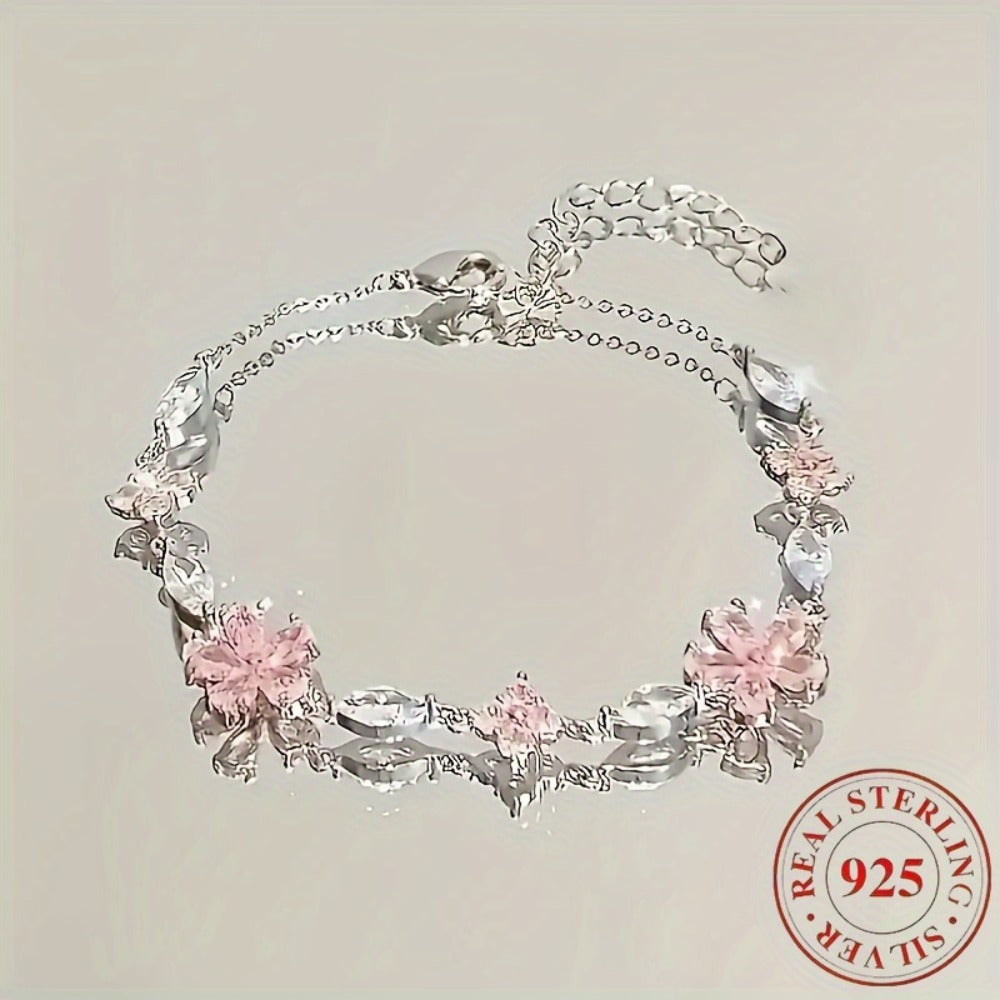 Bracelet for Women - S925 Sterling Silver Cherry Blossom for Pink Zirconia Petal Adjustable - product detail view 2
