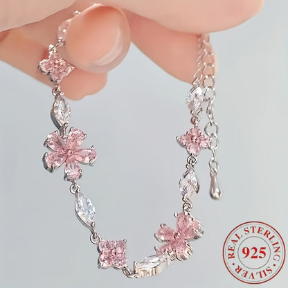 Bracelet for Women - S925 Sterling Silver Cherry Blossom for Pink Zirconia Petal Adjustable - product detail view 3