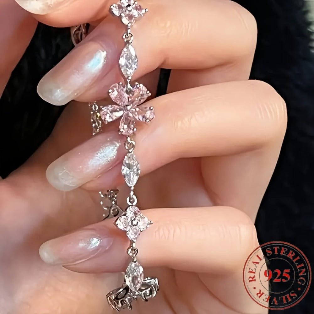 Bracelet for Women - S925 Sterling Silver Cherry Blossom for Pink Zirconia Petal Adjustable - product detail view 4
